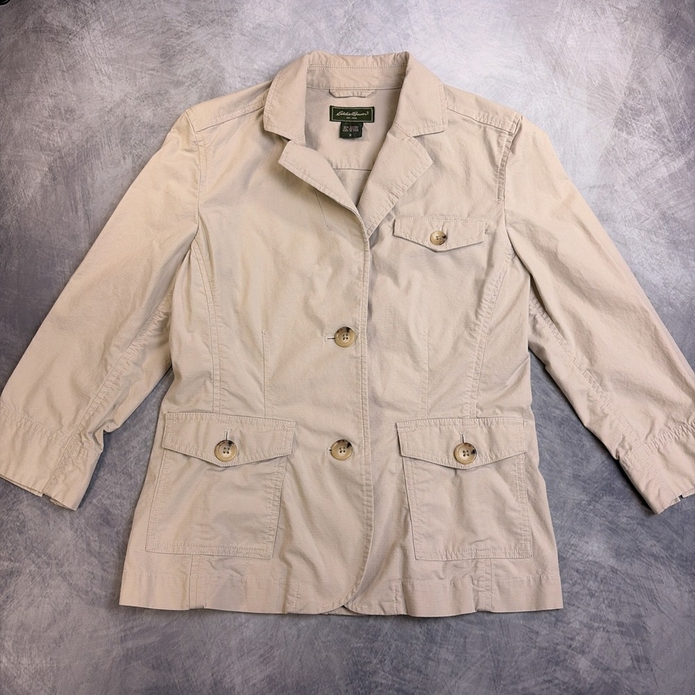 Eddie Bauer Womens Khaki Utility Blazer Jacket Tan Cotton Blend Size 6